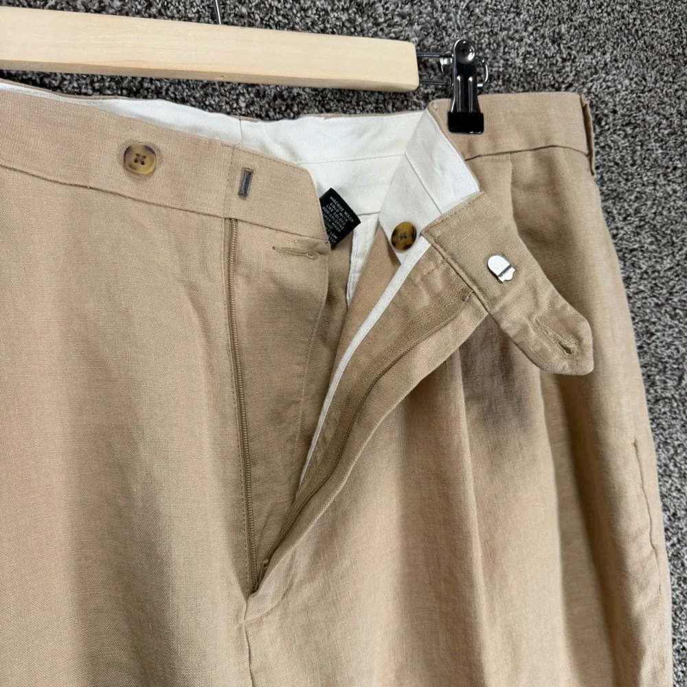 Jos A Bank Pants Mens 38/29 Tan 100% Linen Pleated Cuffed Traveler Collection